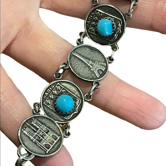 Vintage silver finish torquois Eiffel Tower Paris Tour Travel bracelet Cathedral - Picture 3 of 8